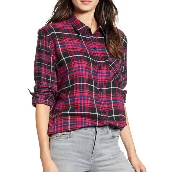 Rails Brock Fuschia Navy Black Plaid Flannel Frayed Long Sleeve Button Up Top - Picture 3 of 15